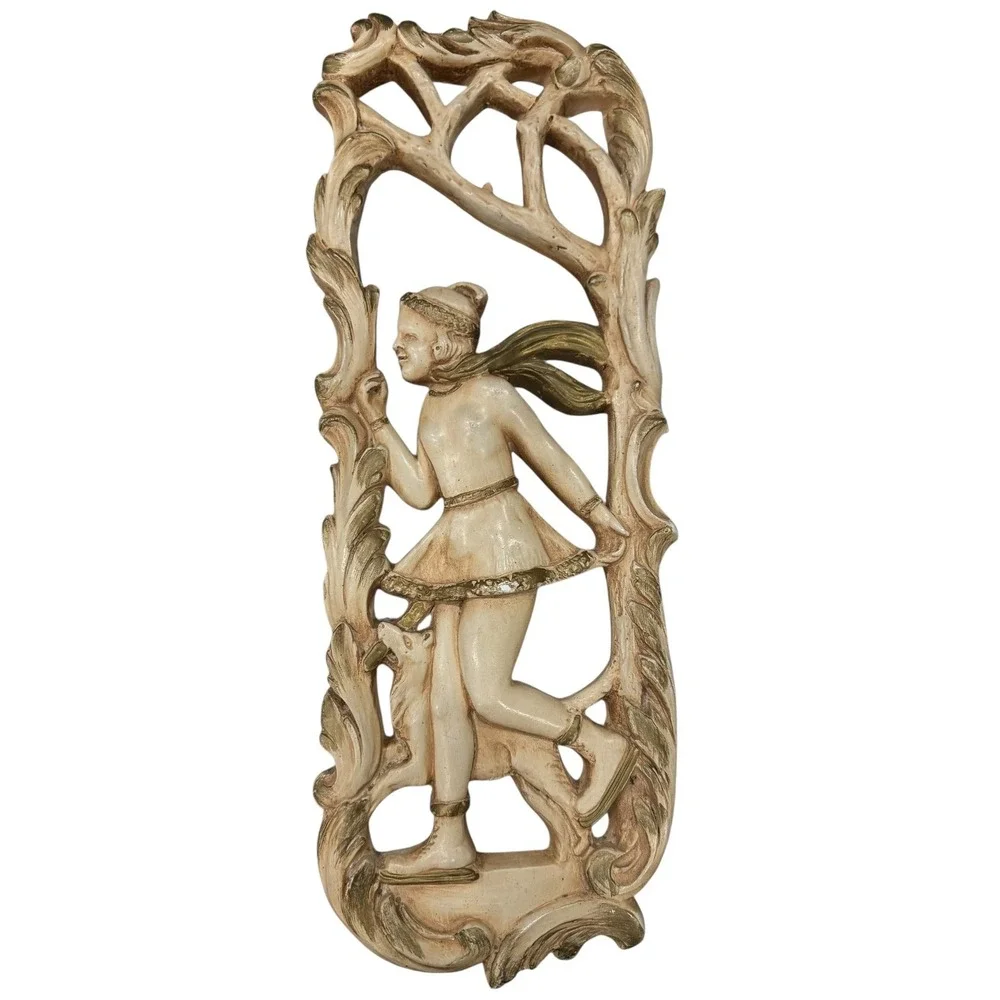 Vintage 70s Art Nouveau Wall Plaques Summer Winter‎ Ivory Gold Plaster Panel Set